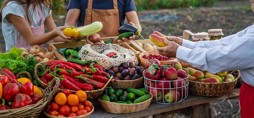 People shopping for organic food at farmers market